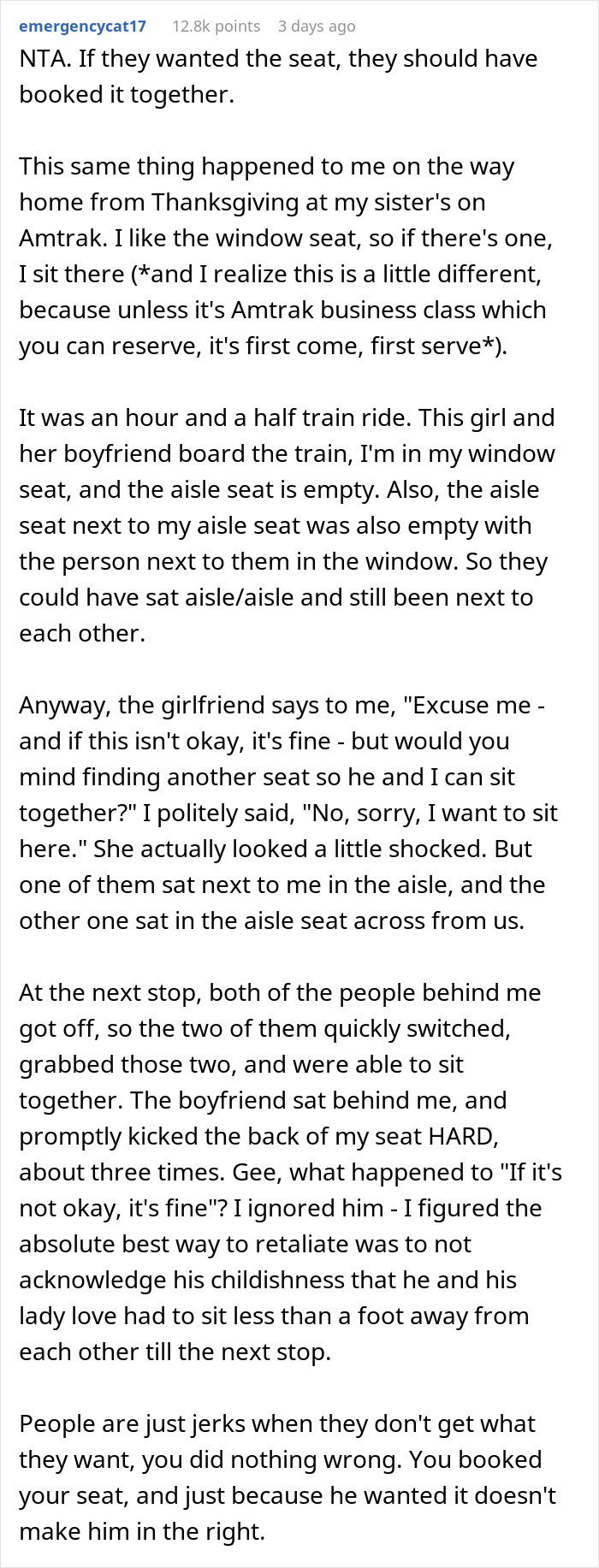 Train passenger refuses aisle seat swap for son and dad to sit together, insists on keeping his window seat. Train passenger refuses aisle seat swap for son and dad to sit together, insists on keeping his window seat.