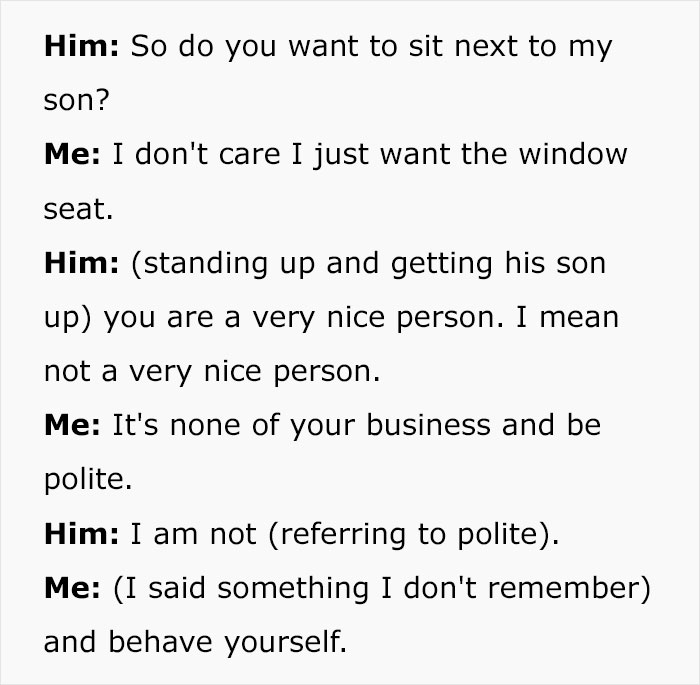 Conversation about refusal to switch seats on a plane. Conversation about refusal to switch seats on a plane.