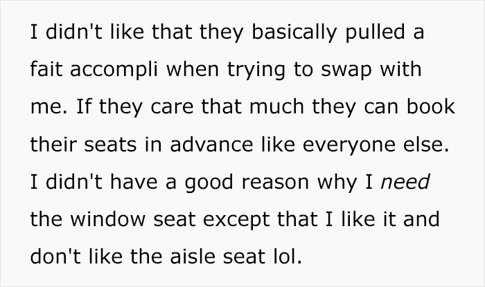 Text about a person refusing to give up a window seat, preferring it over the aisle seat. Text about a person refusing to give up a window seat, preferring it over the aisle seat.