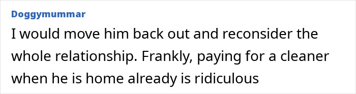 Comment discussing domestic labor expectations in a relationship, questioning the fairness and suggesting reconsideration. Comment discussing domestic labor expectations in a relationship, questioning the fairness and suggesting reconsideration.
