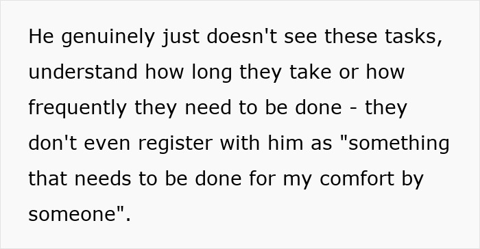 Text about domestic labor expectations from a partner in a relationship. Text about domestic labor expectations from a partner in a relationship.