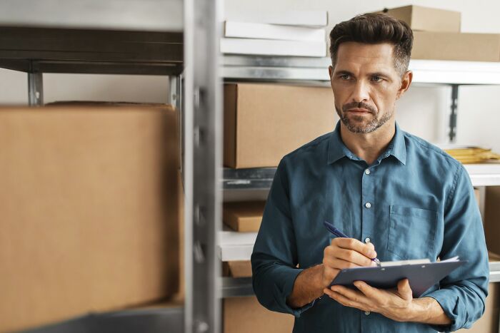 Man in a blue shirt, holding a clipboard, standing in a room with boxes, related to high-paying remote jobs.