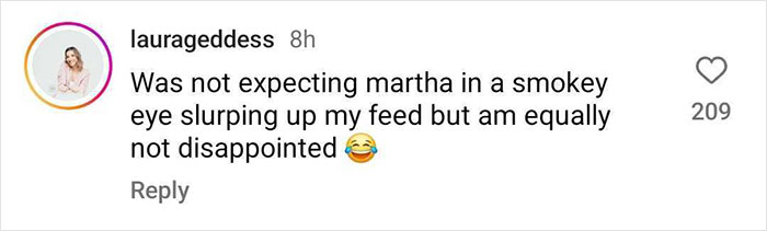 Instagram comment reacting to Martha Stewart MAC Cosmetics ad with humor. Instagram comment reacting to Martha Stewart MAC Cosmetics ad with humor.