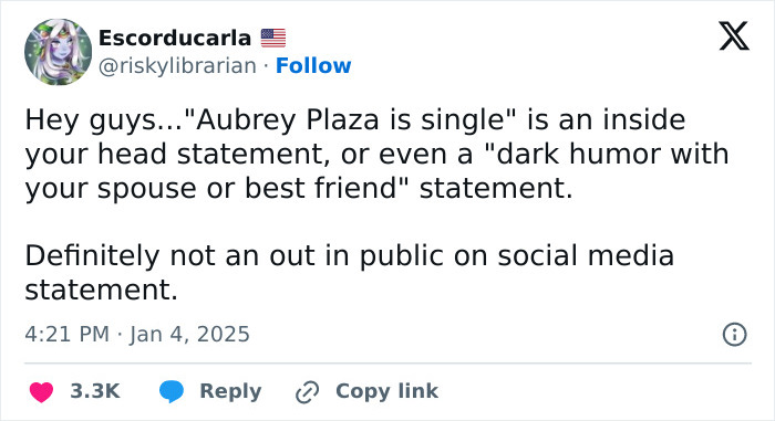 Tweet criticizes celebrating Aubrey Plaza's single status publicly on social media. Tweet criticizes celebrating Aubrey Plaza's single status publicly on social media.