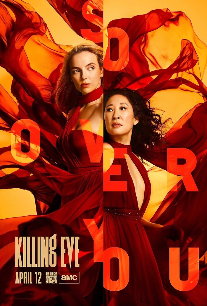 TV show promotional poster with two women in red dresses.
