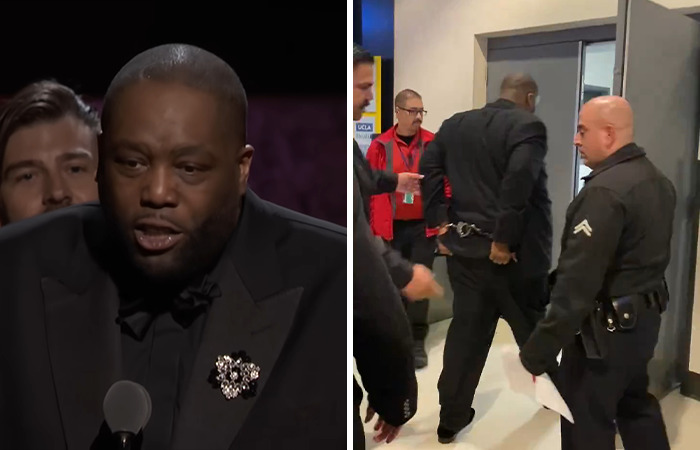 Kiiller Mike speaking at an awards show and later escorted by security, highlighting awkward moments in awards shows 2024.