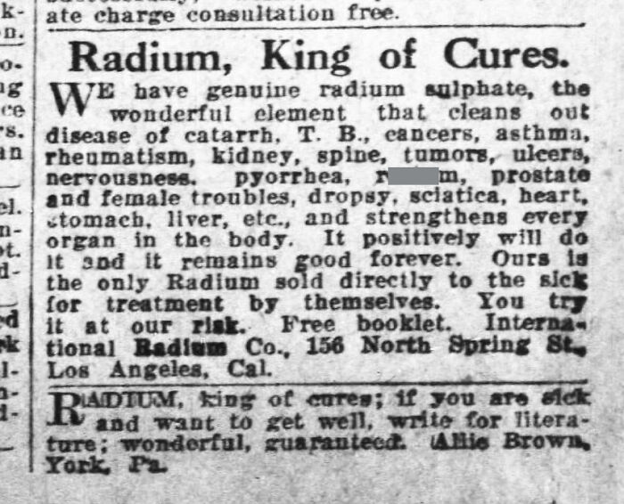 Vintage newspaper ad promoting radium, claiming cures for various ailments, illustrating future predictions aged bad.