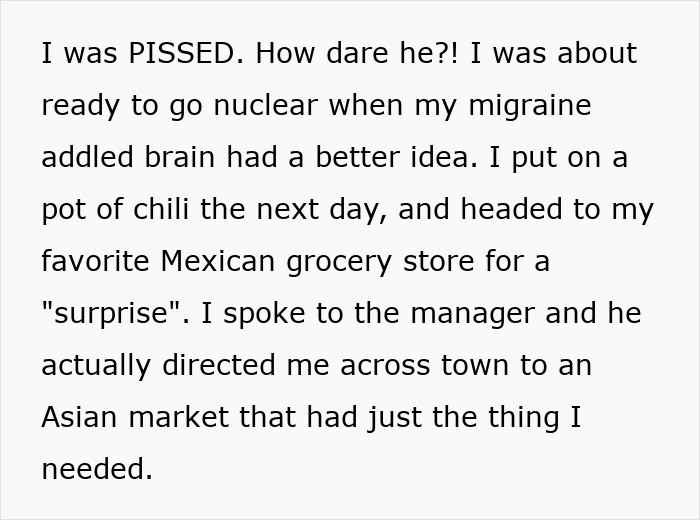 Text about mom cooking spicy food after dealing with son's entitled behavior.