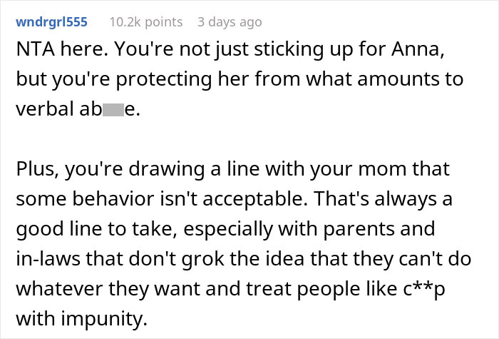 A Reddit comment discussing verbal abuse, family behavior, and standing up for step-granddaughter.