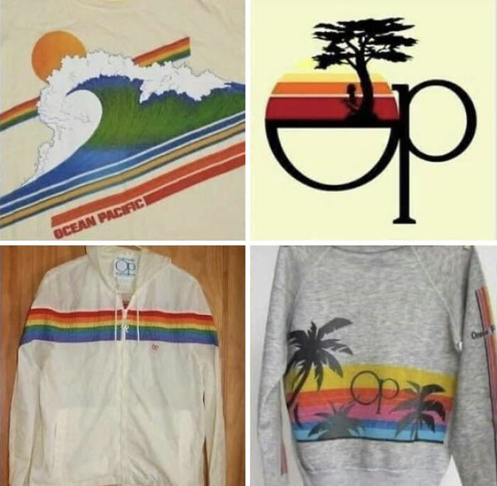 80s fashion trends with Ocean Pacific designs, featuring graphic tees and hoodies with colorful stripe patterns and logos.