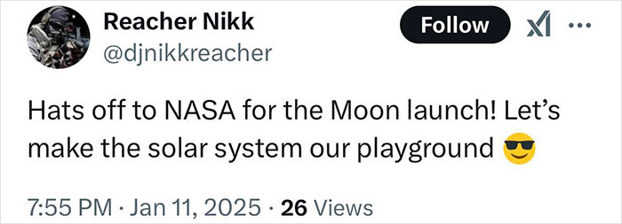 Tweet celebrating NASA's commercial robotic Moon launch with excitement for space exploration.