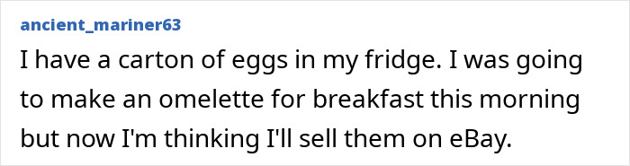 Text joke about high egg prices, with a humorous comment about selling them on eBay.
