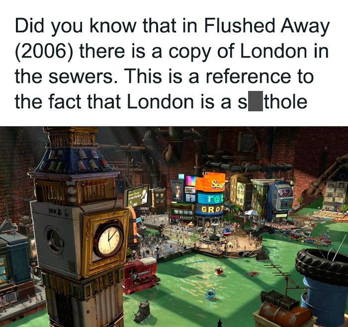 Animated sewer London scene from Flushed Away, highlighting British humor with a Big Ben-like structure.