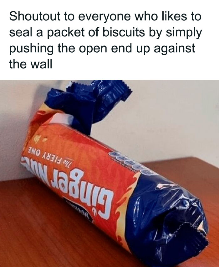 Open pack of biscuits sealed against a wall, a common British habit.