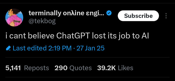 A tweet humorously reacts to DeepSeek's impact on AI chatbots, stating disbelief about ChatGPT losing its job to AI.