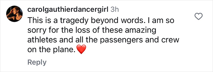 Comment expressing sorrow for teen skaters' loss, referencing a plane crash tragedy, with a heart emoji.