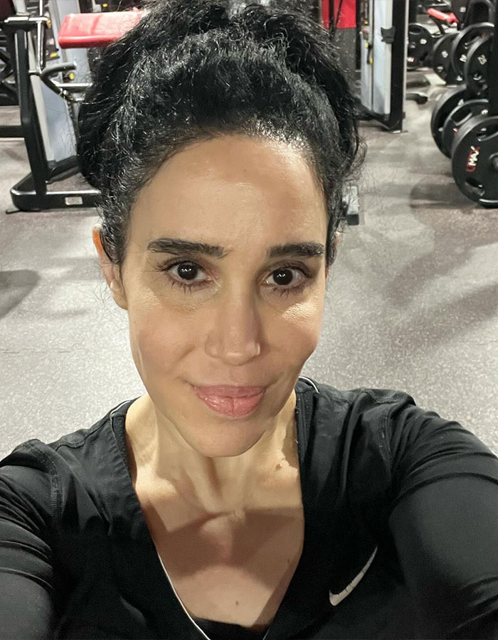 Nadya Suleman, also known as Octomom, takes a selfie at a gym wearing a black top. Nadya Suleman, also known as Octomom, takes a selfie at a gym wearing a black top.