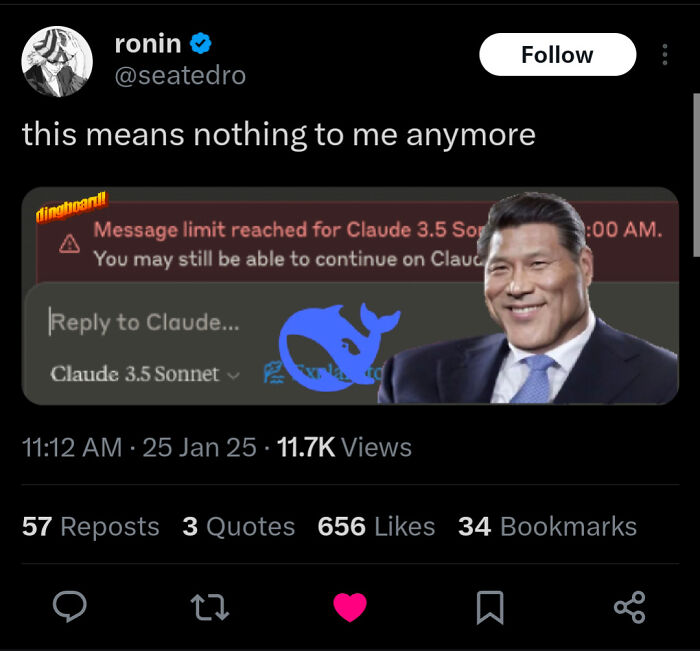 Tweet meme about DeepSeek's impact on AI chatbots with humor, featuring message limit warning.