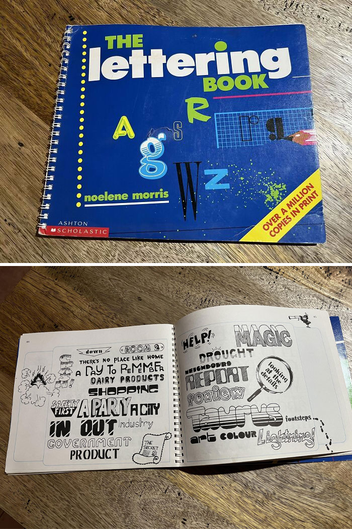 Old-school items: vintage lettering book showing creative font styles on a wooden table.