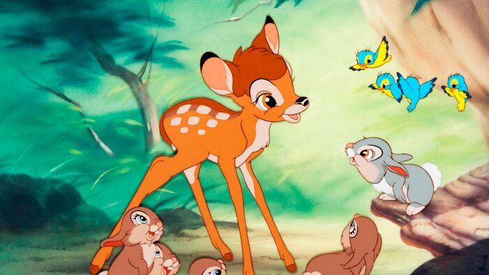 Bambi and forest friends, iconic scene from classic Disney movie.