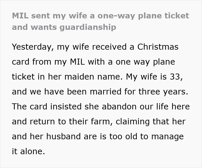 MIL sends wife one-way ticket, urging her to leave husband for guardianship issues described in the card.