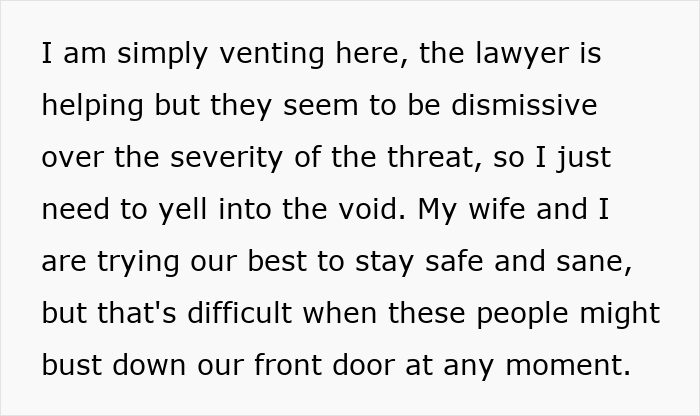 Text excerpt about couple seeking legal help due to threatening situation.