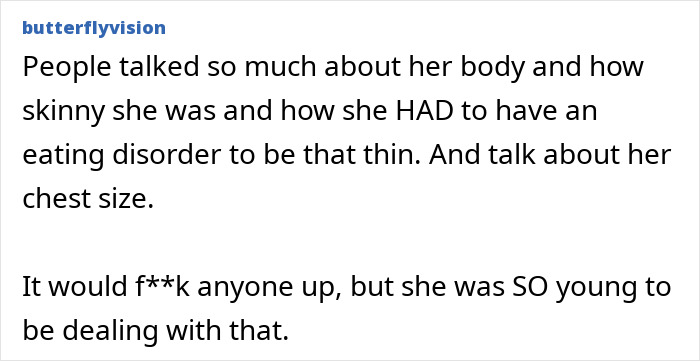 Text from user butterflyvision discussing body image and societal pressures. Text from user butterflyvision discussing body image and societal pressures.
