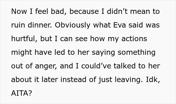 Text about feeling bad for ruining dinner after a sister's hurtful comment regarding a miscarriage, questioning their actions. Text about feeling bad for ruining dinner after a sister's hurtful comment regarding a miscarriage, questioning their actions.