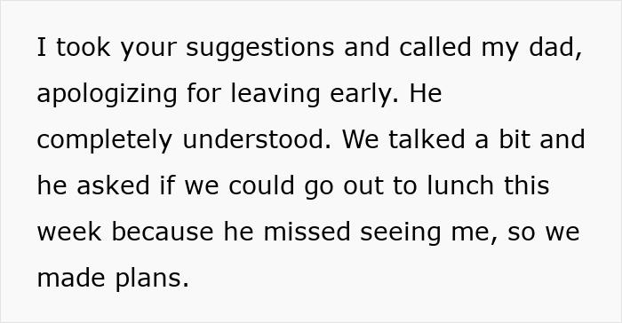 Text exchange about apologizing to dad and making lunch plans. Text exchange about apologizing to dad and making lunch plans.