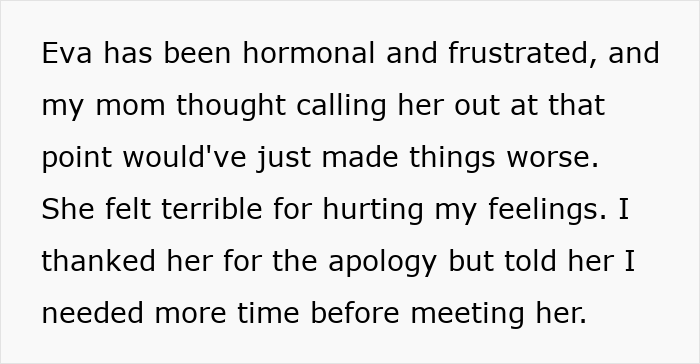 Text about a hormonal and frustrated Eva, apologizing for hurtful comments. Text about a hormonal and frustrated Eva, apologizing for hurtful comments.