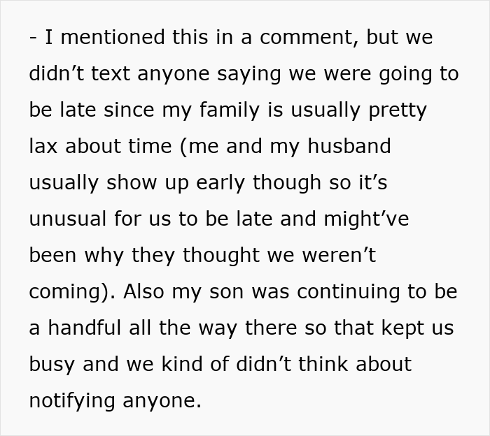 Text mentions being late due to a busy son and usual family tardiness. Text mentions being late due to a busy son and usual family tardiness.