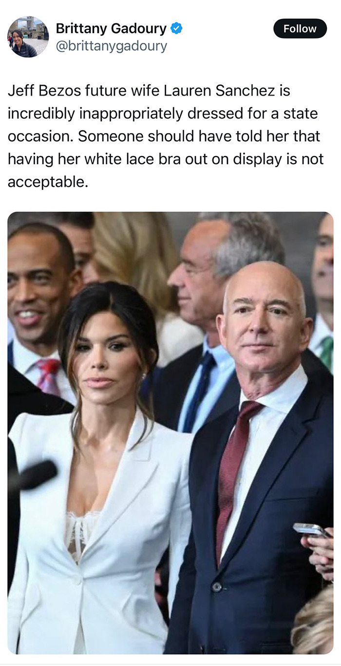 Lauren Sanchez in a white outfit at a formal event, sparking debate on appropriate attire.