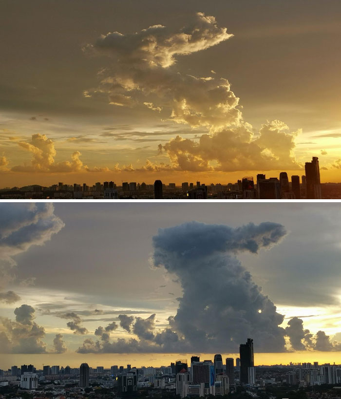 Cloud formations resembling figures above a city skyline at sunset, showcasing pareidolia in dramatic skies.