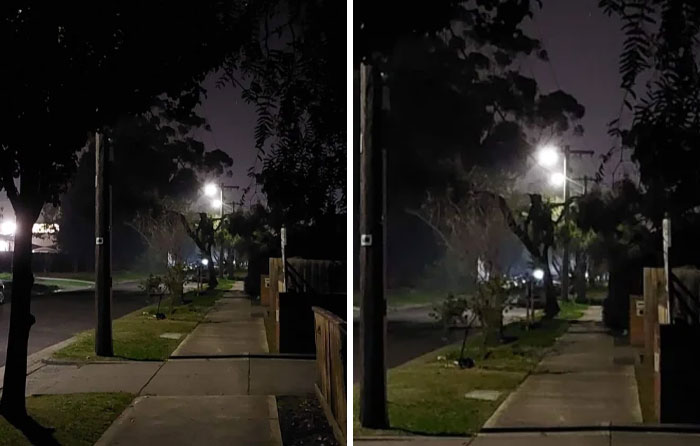 Street at night showing trees and lamp posts, creating a pareidolia effect under dim lighting.