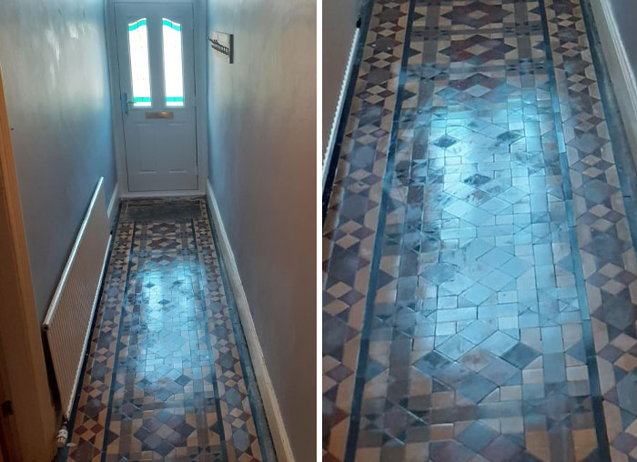 Hallway tile floor creating an illusion of faces, demonstrating pareidolia effects in patterned surfaces.