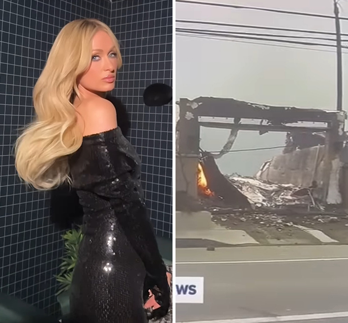 Celebrity in black dress, posing indoors, juxtaposed with image of LA wildfire destruction. Celebrity in black dress, posing indoors, juxtaposed with image of LA wildfire destruction.