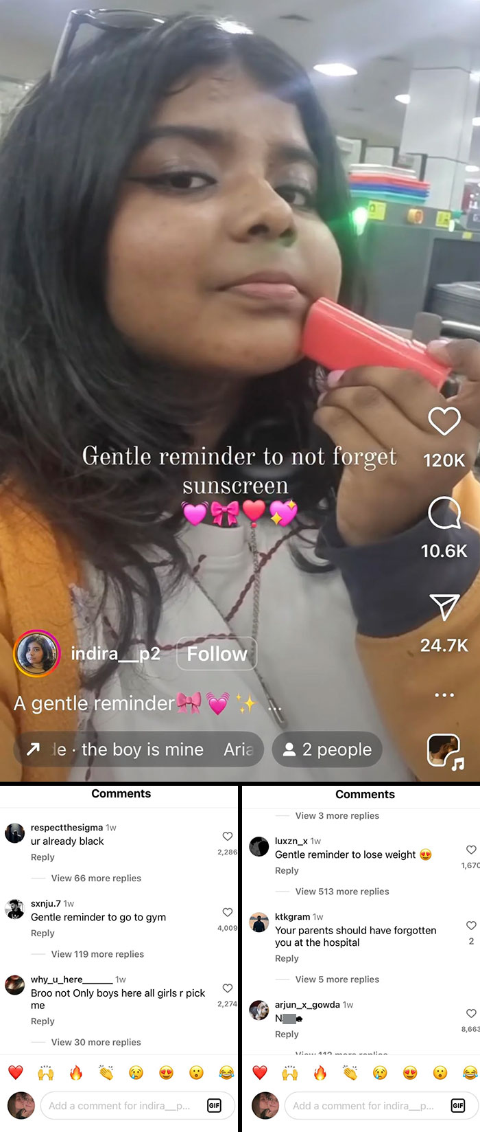 Person applying product with mean comments below; people being jerks online.