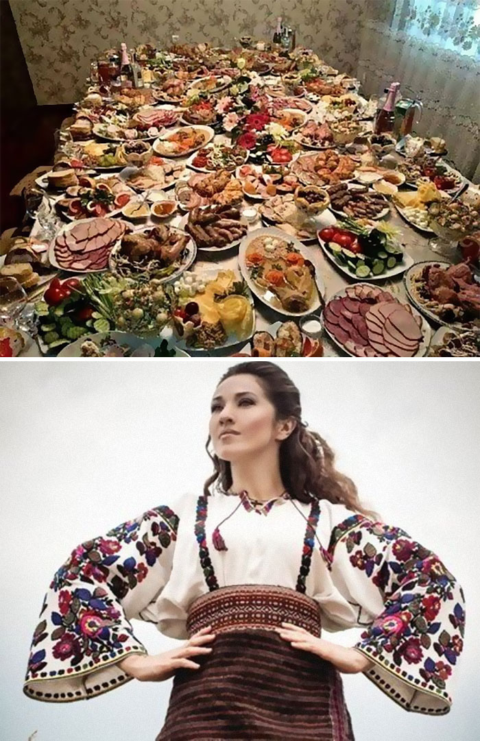 A lavish banquet table and woman in traditional embroidered dress, showcasing peculiar cultural norms.