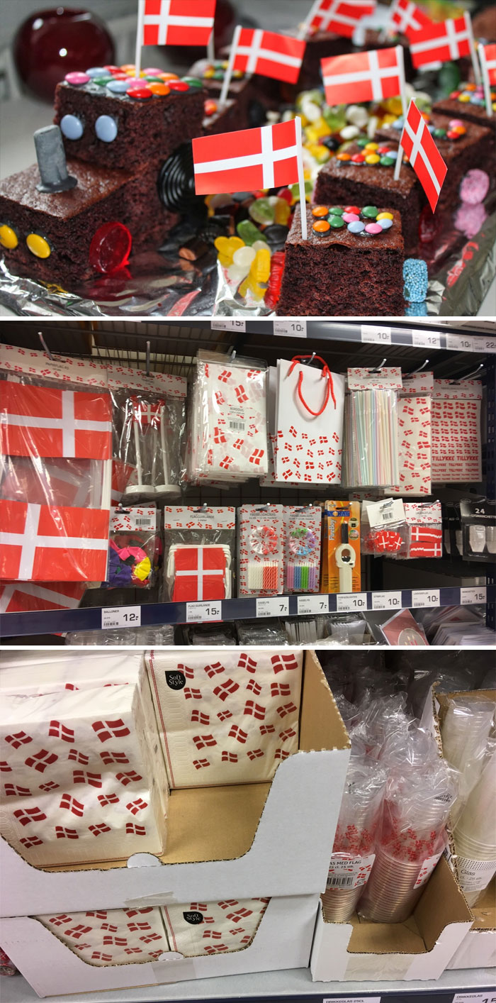Danish flags on cake and party supplies, showcasing peculiar things normal in Denmark.
