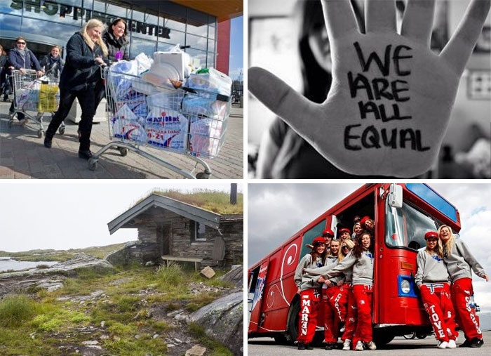 Peculiar things: shopping with full carts, hand with "we are all equal," a small cabin, and students in front of a red bus.