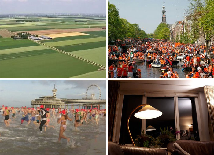 Aerial fields, crowded canal festival, winter beach run, cozy evening home in various countries.
