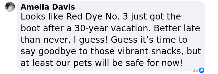 Text discussing Red Dye No. 3 ban after 30 years due to cancer concerns, mentioned with a safety note for pets.