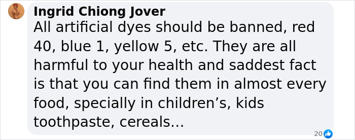 Comment discussing harmful artificial dyes like Red Dye No. 3 and their presence in children's foods and products.