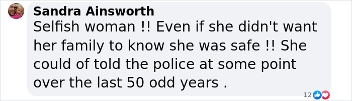 Comment criticizing a woman missing for 52 years as selfish and irresponsible.