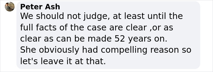 Comment by Peter Ash discussing judgment on a woman missing for 52 years, referencing her compelling reasons.