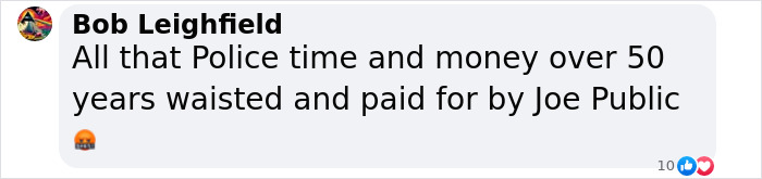 A comment highlights the police time and money spent during a 52-year disappearance investigation.