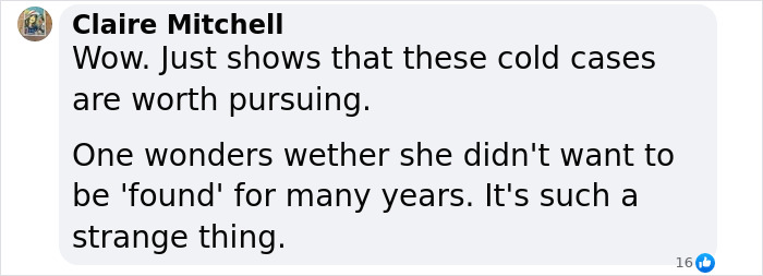 Comment discussing the resolution of a missing woman case after 52 years.
