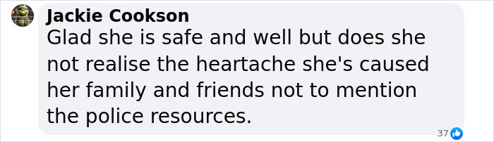 Text comment expressing relief for a missing woman's safety and concern over the heartache caused by her 52-year disappearance.