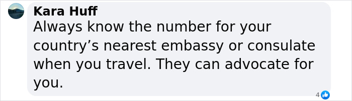 Text message suggestion emphasizing the importance of knowing embassy contact when traveling.
