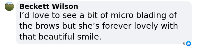 Comment on Pamela Anderson's makeup-free look, suggesting micro blading, highlighting her lovely smile.